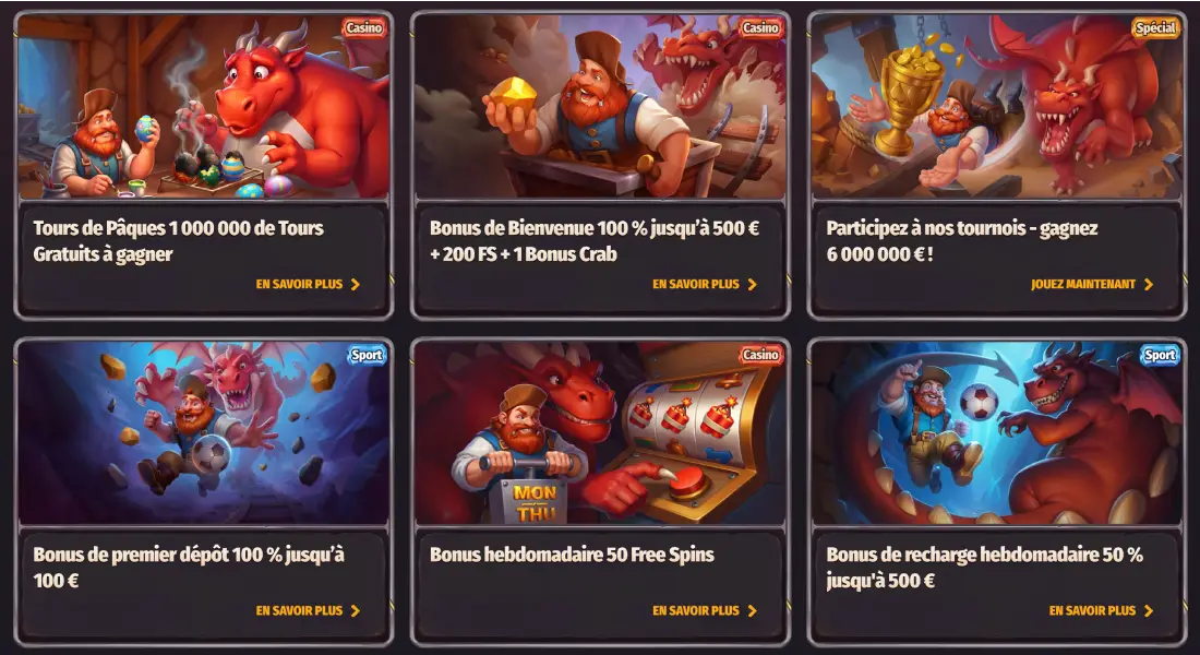 Page des promotions Dragonia Casino : tours de Pâques, bonus de bienvenue, tournois et reloads hebdomadaires